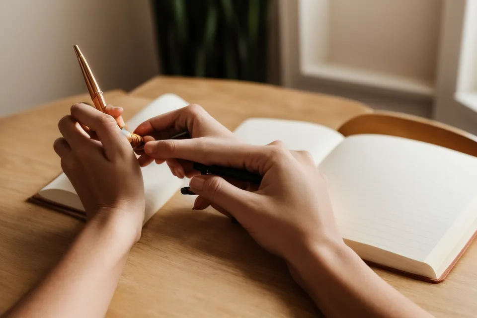 Main tenant un stylo au-dessus d'un carnet, réflexion sur la confiance en soi avant de reprendre contact avec un ex